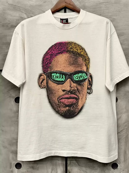 Rodman American high street small neckline chic trendy cool style short sleeve men and women ruffian atmosphere T-shirt cotton