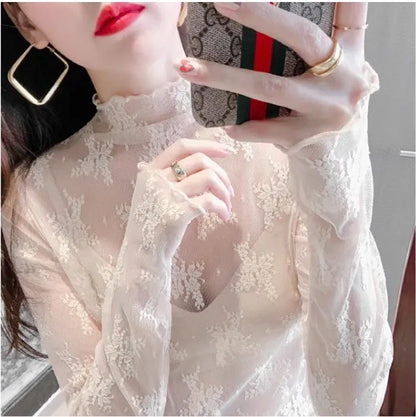 Hollow Out Mesh T-Shirt Transparent Mesh female Tops Long sleeve Basic Shirts SeeThrough Turtleneck