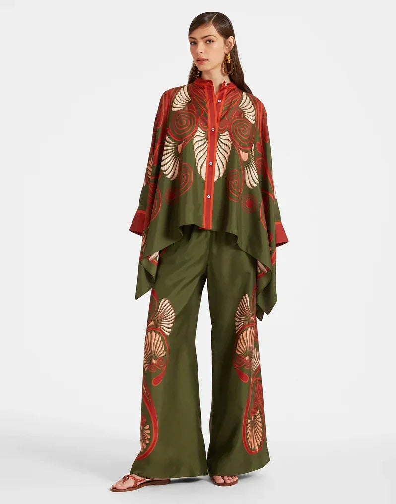 Vintage Print Pants Sets Women Irregular Loose Long Sleeve Shirt Wide Leg Trousers Two Piece Set Female Fashion Trend Streetwear
