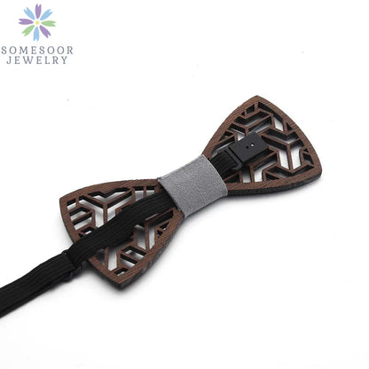 Dark Leaf Hollow Floral Wooden Bowtie For Men Wedding Suit Geometric Carved Wood Neck Ties Unisex