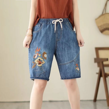 Women Summer Embroidery Self Tie Plus Size Mid Length Pants Artistic Casual Ripped