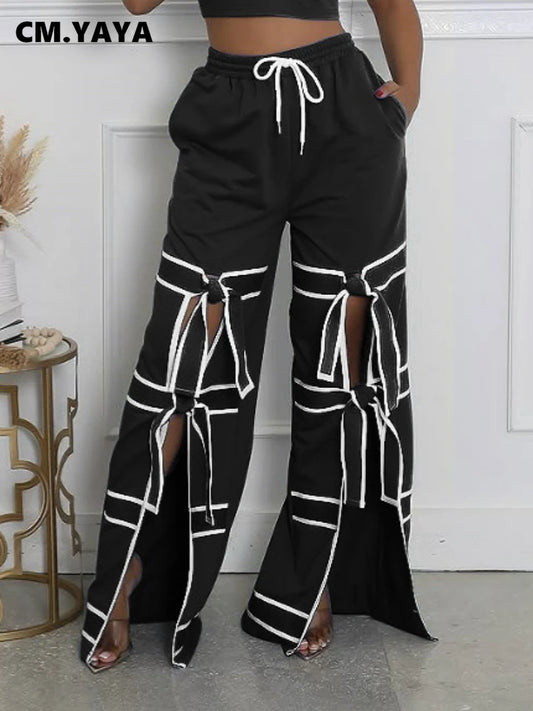 Striped Patchwork Bowknot Split Wide Leg Jogger Trousers
