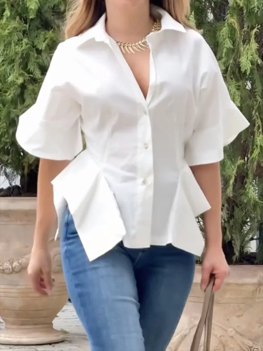 Cotton White Blouses Half Sleeve Loose Buttoned Solid Color Casual Asymmetrical