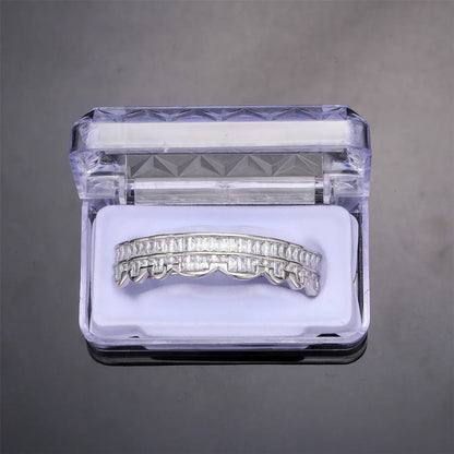 Baguette Teeth Grillz Set For Unisex Top Bottom Iced Out Cubic Zircon Stone Brass Material Hip Hop