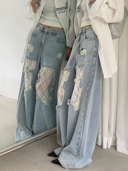 American Style Hottie Hole Lace Spliced Jeans for Women Y2k Fashion High Waist Loose Wide Leg Pants