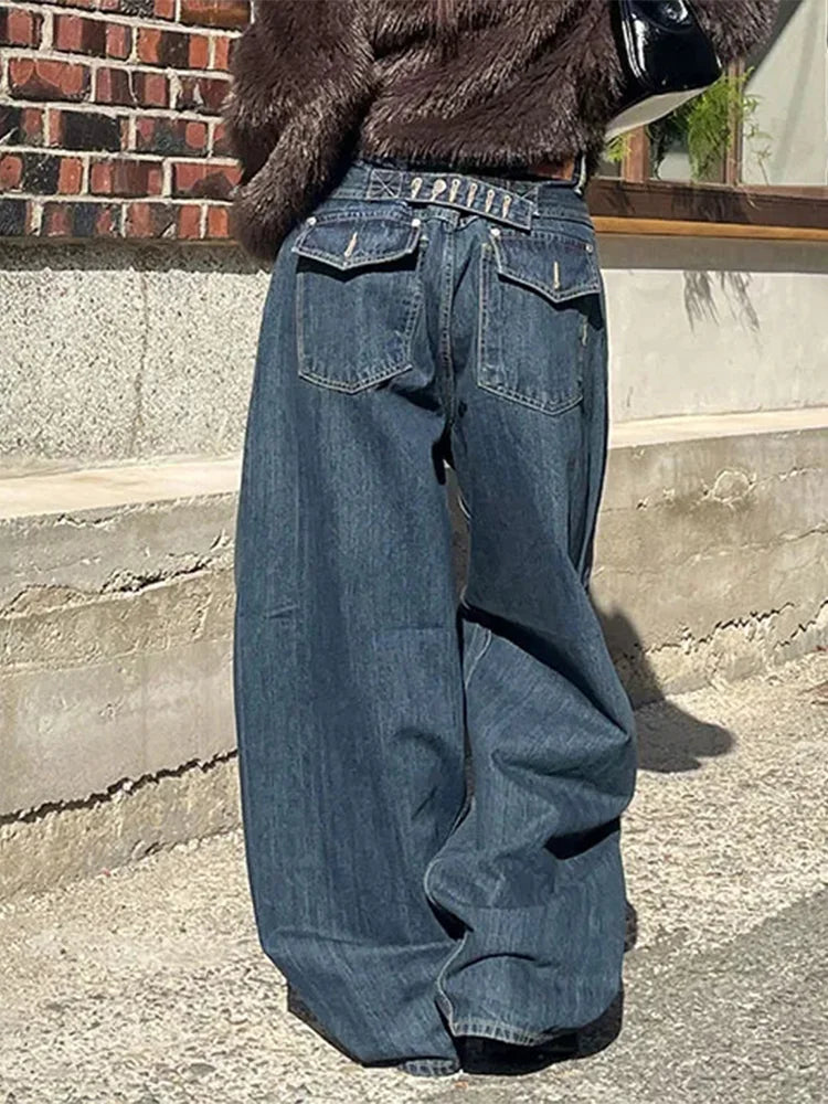 Women's Blue Cargo Baggy Jeans Y2K Japanese Harajuku 2000s Style Streetwear Vintage  Loose Wide Leg Jeans Pants Clothing 2025