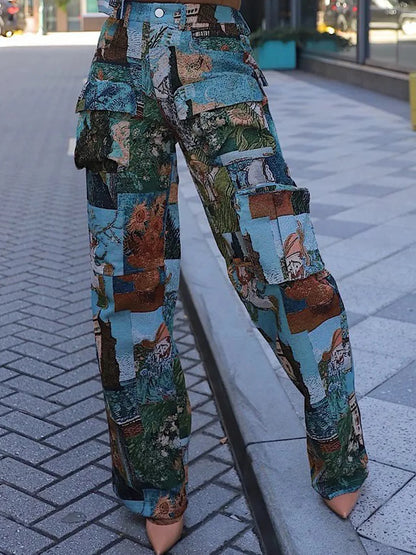 3D Print Wide Leg Cargo Active Hip Hop Straight Sweatpants Trousers
