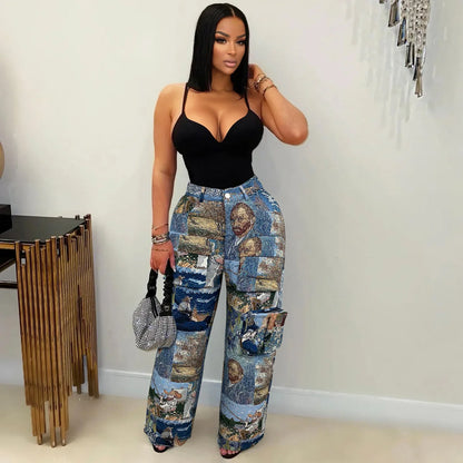 3D Print Wide Leg Cargo Active Hip Hop Straight Sweatpants Trousers