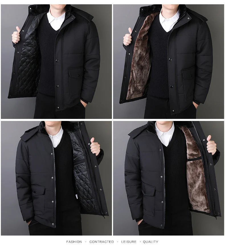 Men Mid-Length Thick Warm Waterproof Hooded Parka Windbreaker Military Fleece