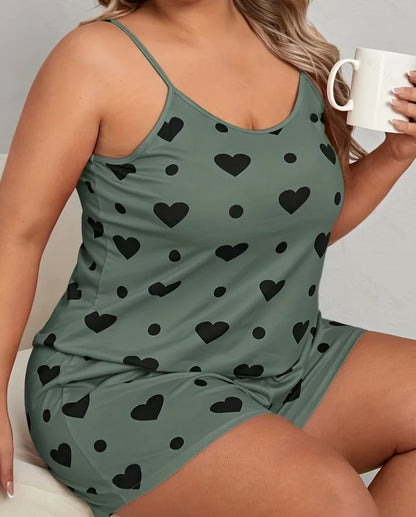 Plus Size Heart Print Women Pajama Set Sleeveless O Neck Crop Top & Elastic Waist Shorts 2 Pieces Female Sleepwear Nightwear