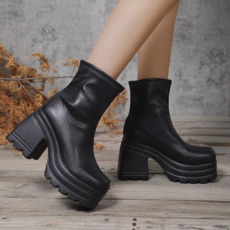 Short Boots Women Leather Boot Square toe casual Zipper high heels Casual thick soled