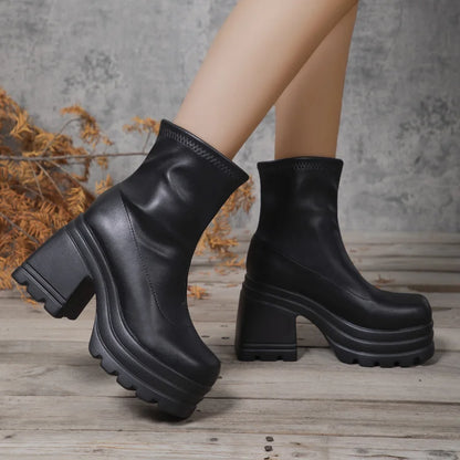 Short Boots Women Leather Boot Square toe casual Zipper high heels Casual thick soled