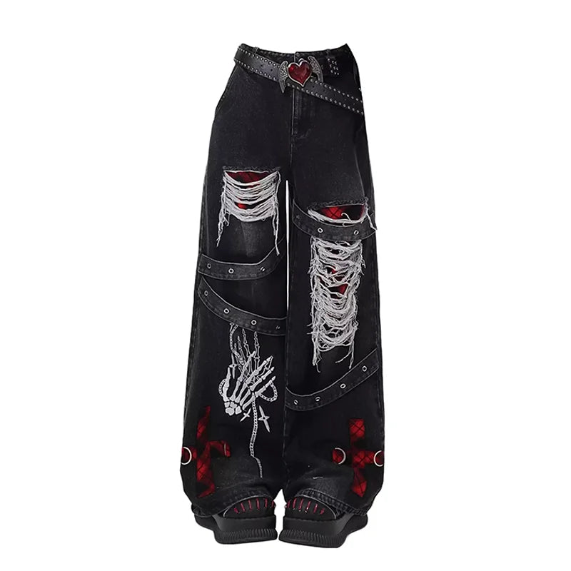 Women's Black Gothic Baggy Jeans Y2K Japanese Harajuku High Street High Waist Fashion Loose Wide Leg Retro Jeans Clothing 2025