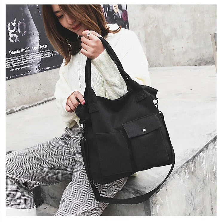Fashion Canvas Bags Students Handbag Shoulder Bag Large Capacity Solid Color Totes Shopper Bag Casual Female CrossBody 2024