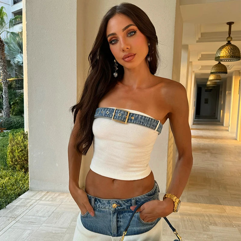 Women Patchwork Denim 2-piece Sets Strapless Sleeveless Tops Baggy Wide Leg Pants Trousers