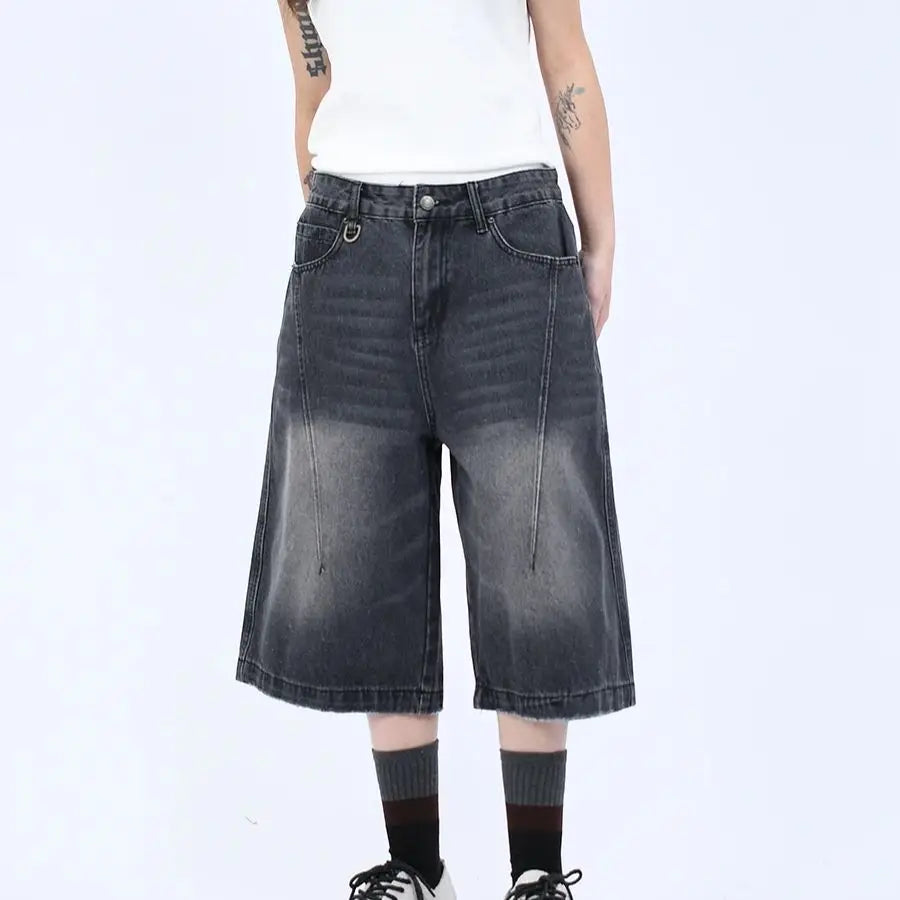 Women's Gothic Black Casual Cargo Denim Shorts Y2K Harajuku High Street American Fashion Retro Wide Leg Jeans Seven-Foot Clothes