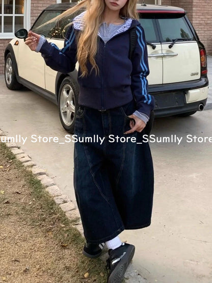 Embroidery Stitched Jeans Women Summer Loose Retro High Waisted Pants Y2k Design Wide Leg Cropped Shorts