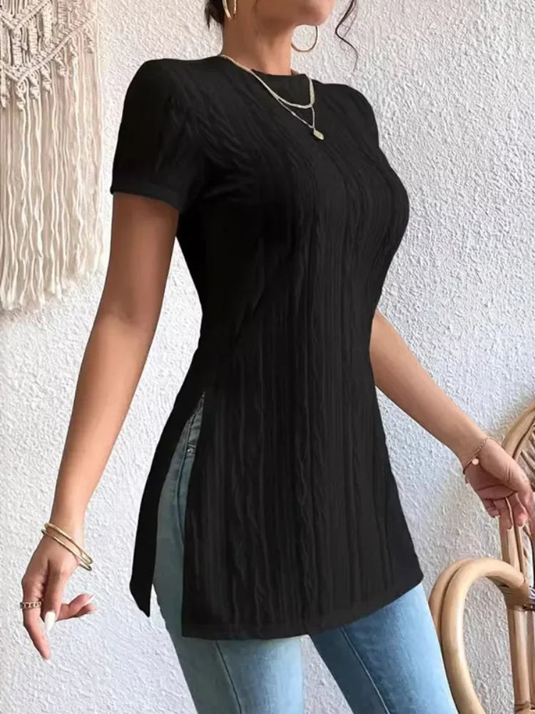 Simple Solid Color Pleated Top Short Sleeves Split-Side Urban Casual Daily T-Shirt
