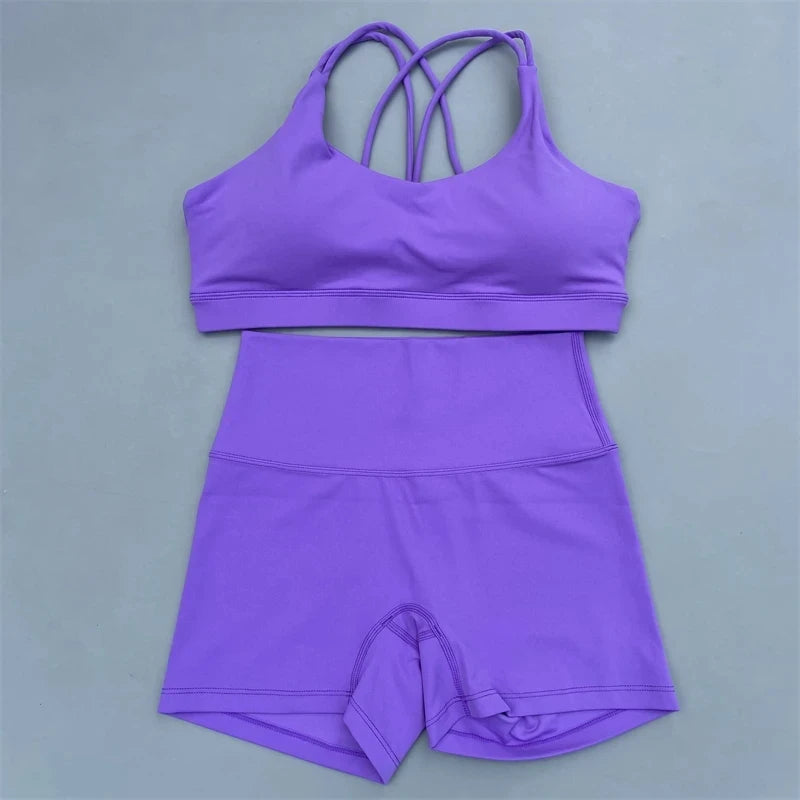 Solid Color Gym Bike Yoga Set Short Legging +Cross Sport Bra Tracksuit Athletic Women Gym Suit Comprehensive Training Jogging