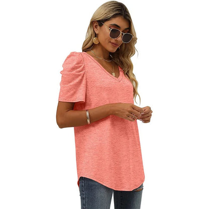 Women's Casual Summer Top Puff Short Sleeve Tee Shirt Cotton Pullover Blouse V-neck Solid Color Loose