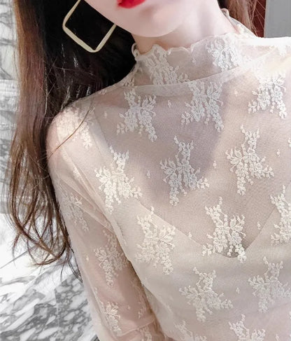 Hollow Out Mesh T-Shirt Transparent Mesh female Tops Long sleeve Basic Shirts SeeThrough Turtleneck