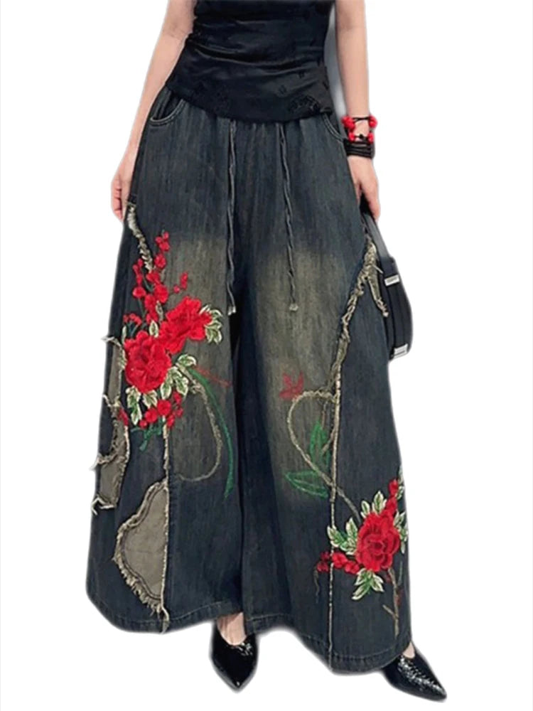 Women's Straight Jeans High-waist Ethnic Style Embroidered Drawstring Oversized Denim Wide-leg Pants