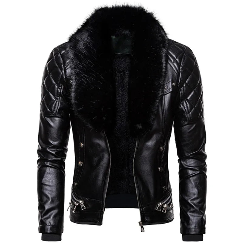 Winter Fleece Motorcycle Leather Jacket Men Turn Down Fur Collar Slim Fit Warm PU Bomber Jacket