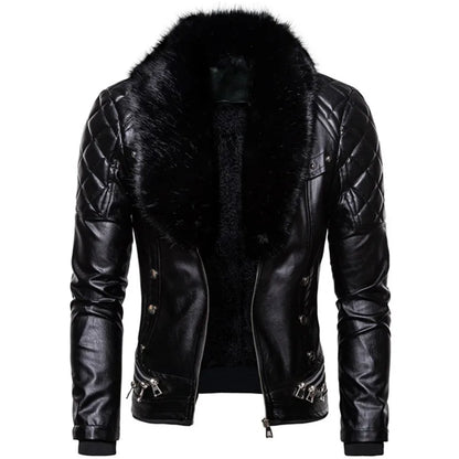 Winter Fleece Motorcycle Leather Jacket Men Turn Down Fur Collar Slim Fit Warm PU Bomber Jacket