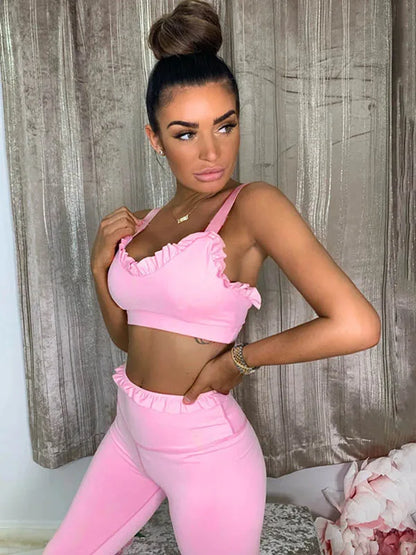 Solid Color Wood Ear Bra & Hip-Lifting High Waist Leggings Pants Fitness Yoga Two Pieces Set
