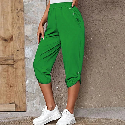 Women Elastic Waist Casual Trousers Bottom Elegant Office Lady Loose Cropped Pants