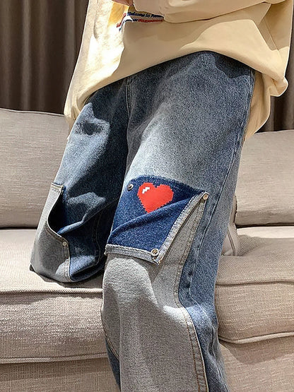 Wide Leg Baggy Cargo Jeans Pants Men Heart Oversize Straight Casual Denim Long Trousers Streetwear