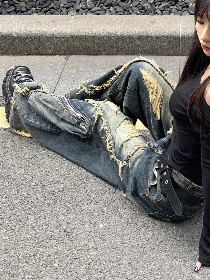 Women's Blue Cargo Ripped Pants Baggy Streetwear Aesthetic Harajuku Japanese 2000s Style Y2k Emo Pants Vintage Trousers Clothes