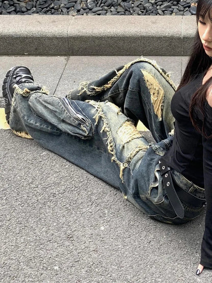 Women's Blue Cargo Ripped Pants Baggy Streetwear Aesthetic Harajuku Japanese 2000s Style Y2k Emo Pants Vintage Trousers Clothes