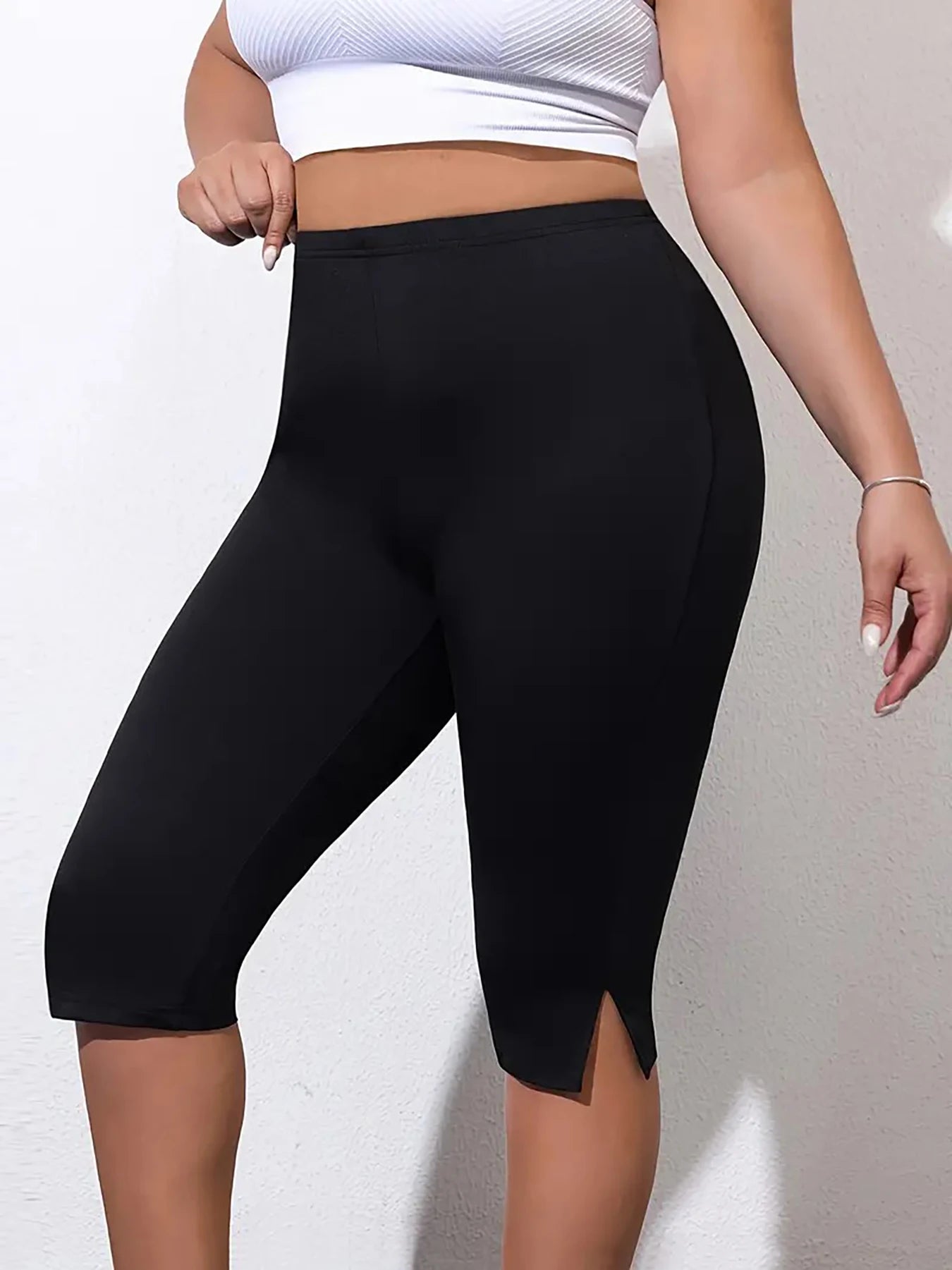 Curvy Plus Size Women's Skinny Capri with Side Split Elastic Leggings Fashion Casual