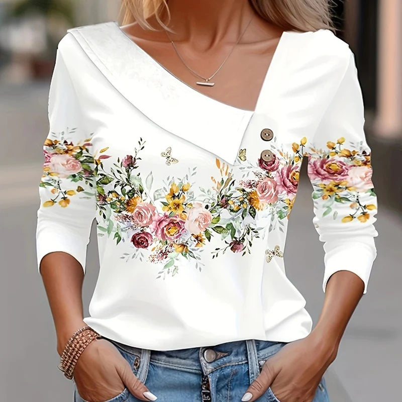 T Shirt For Women Fashion Long Sleeve Top White Floral Print Shirt