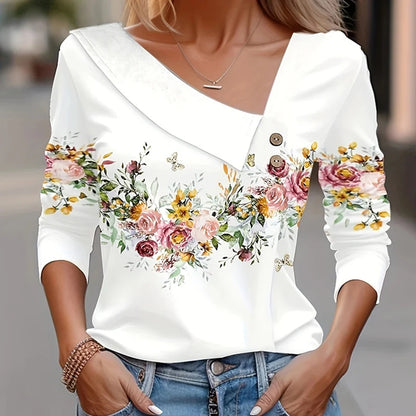 T Shirt For Women Fashion Long Sleeve Top White Floral Print Shirt