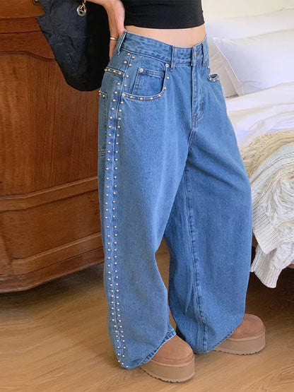 Metal Rivet Wide Leg Jeans Trousers Baggy Low Rise Pockets Denim