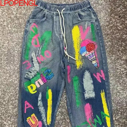 Sequin Letter Elastic Waist Jeans High Waist Denim Graffiti Print Harem Pants as photo / M as photo / L as photo / XL as photo / M-as photo / L-as photo / XL-