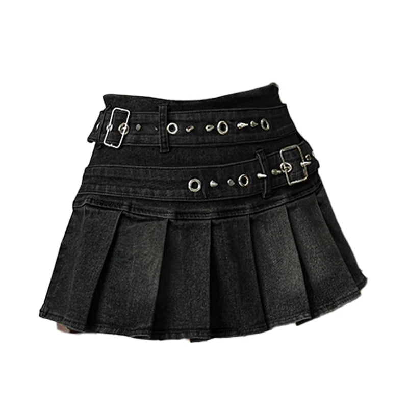 Women's Blue Black Riveted Belt Denim Skirt Y2K Harajuku High Street Fashion 90s Sexy A-line Mini Skirt Summer Clothing 2025 New