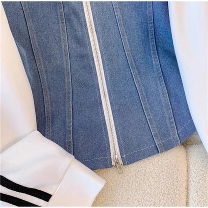 Women Preppy Style Patchwork Contrast Denim Sets Stand Collar Elastic Jeans 2 Piece Suit Streetwear Comfort