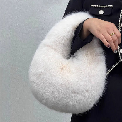 Soft Plush Half Moon Bags for Women Designer Fluffy Faux Fur Lady Handbags Luxury Small Tote