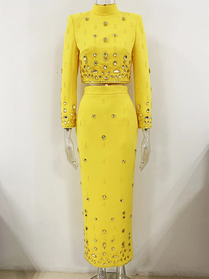 Long Sleeve Short Top and Mini Skirt Suit Outfit, Diamond Beaded Design,High Quality, 2 Pcs Set