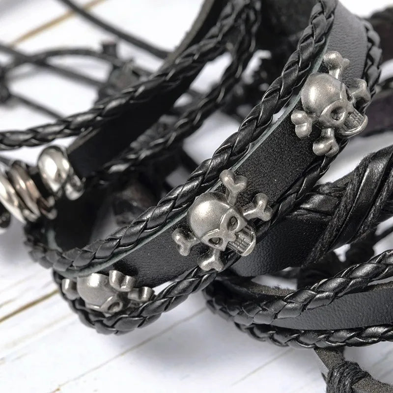 Punk Multilayer Antique Leather Bracelet Set Skull Eye Star Charms Hiphop Rock Y2K Vintage Pu Gothic Wristband Man Goth Jewelry