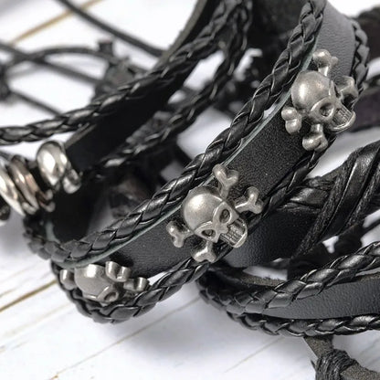 Punk Multilayer Antique Leather Bracelet Set Skull Eye Star Charms Hiphop Rock Y2K Vintage Pu Gothic Wristband Man Goth Jewelry