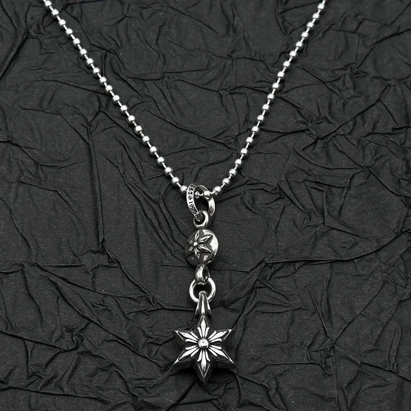 S925 Sterling Silver Retro Old Ring Single Ball Hexagram Pendant Necklace Men's and Women's European and American Niche