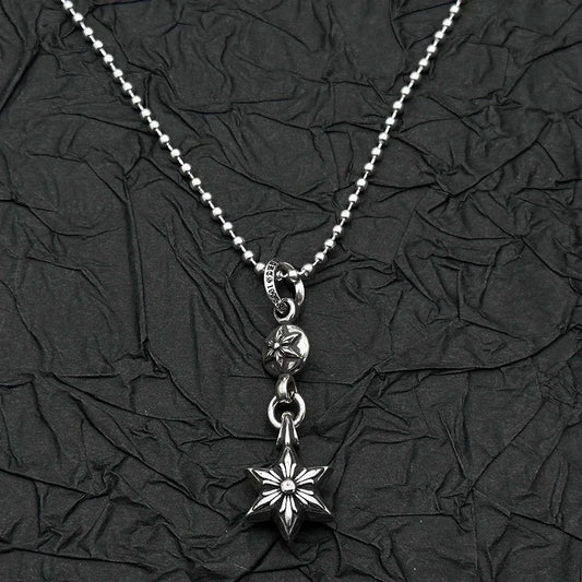 S925 Sterling Silver Retro Old Ring Single Ball Hexagram Pendant Necklace Men's and Women's European and American Niche