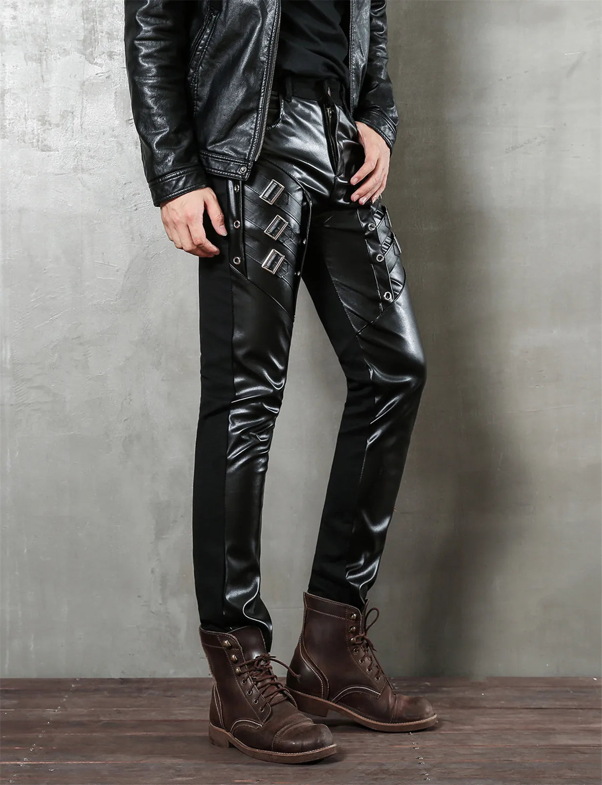 Men`s Motorcycle Hip Hop Slim Fit Soft PU Faux Leather Biker Pants