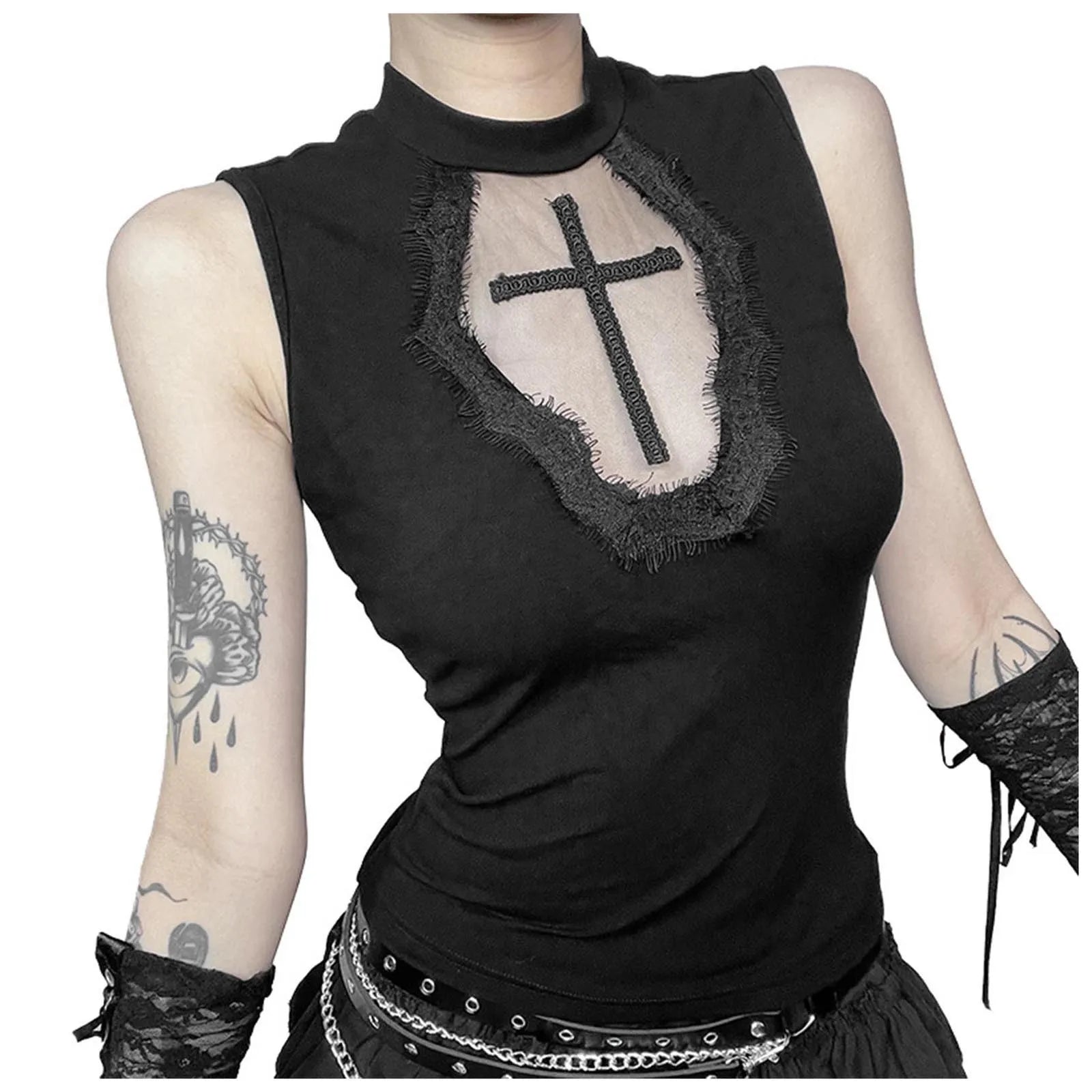 Goth Cross Print Lace Crop Top Camis Black Red Basic Corset Tank Black / S / United States Black / L / United States 