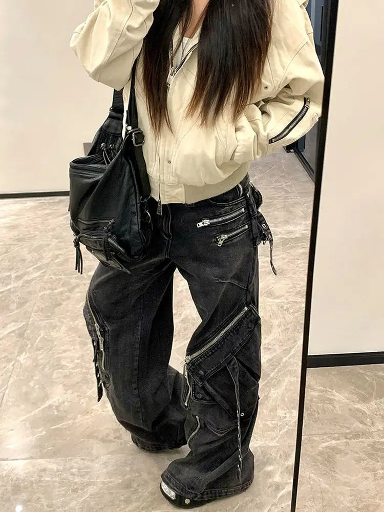 Women's Black Cargo Baggy Jeans Line Y2K American High Street Harajuku Aesthetic Vintage Design Wide Leg Jeans Trousers Clothing