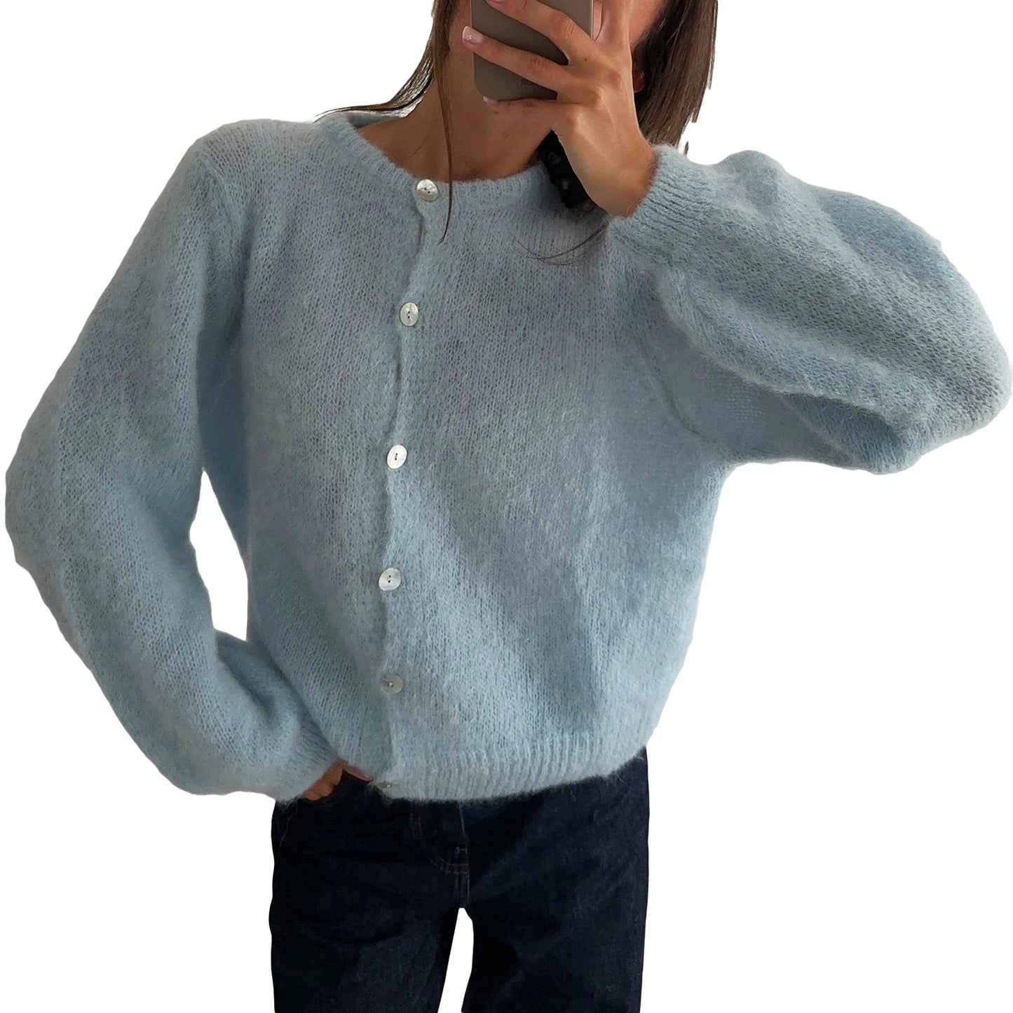 Ladies V-Neck Button Up Cardigan Cozy Lightweight Knit Sweater with Pockets